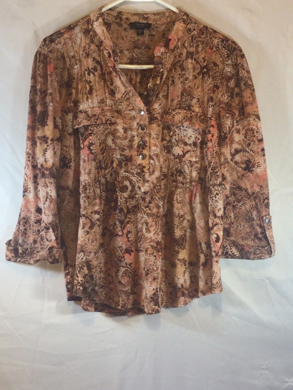 Cocomo  Paisley Boho Top PXL Brown Roll Tab Sleeve Peasant Western Career Flowy